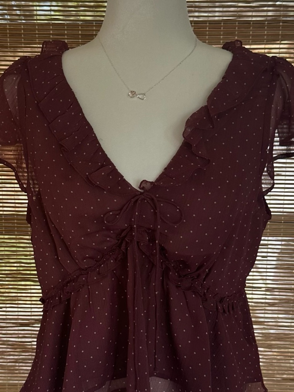 American Eagle Burgundy Sheer Polka Dot Blouse